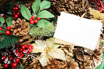 christmas card with christmas tree and decorations