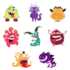 Cute cartoon monsters. Vector goblin or troll, cyclops and ghost