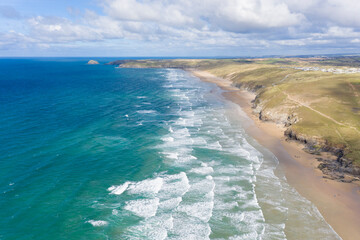 Aerial photograph of Perranporth Beach nr Newquay, Cornwall, England.