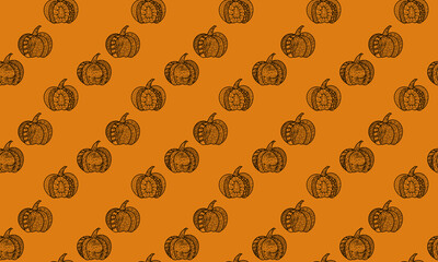 Seamless pattern of tracery pumpkins on an orange background