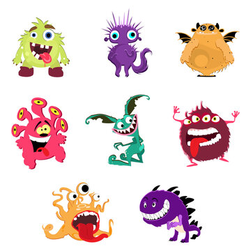 Cute cartoon monsters. Vector goblin or troll, cyclops and ghost