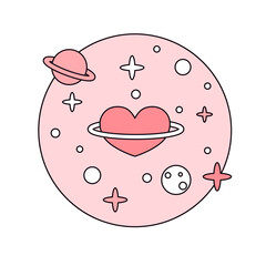 Pink circle with space and planet of love isolated on white background. Flat design for poster or t-shirt. Vector illustration