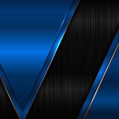 Abstract elegant geometric triangle blue metallic glossy with golden line on black background and texture