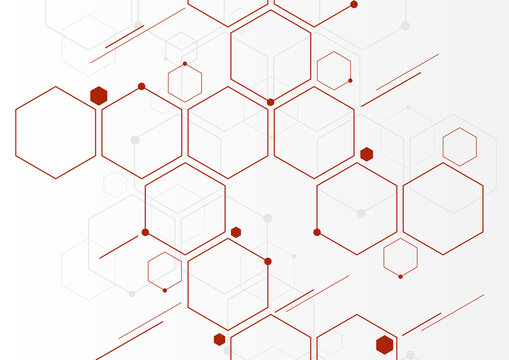 Abstract red geometric hexagons molecular structures on white background.