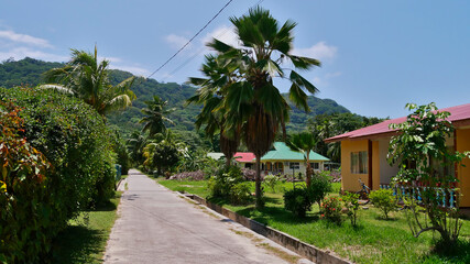 Fototapeta na wymiar Street with palm trees and holiday homes (tourist accommodations) in village on La Digue island, Seychelles.