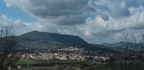 panoramic view of Sant'Agata de Goti, a small town in the province of Benevento. View of the cliff. View of the houses of the old town.