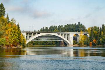 Autumn landscape of bridge and Kymijoki river waters in Finland, Kouvola, Koria