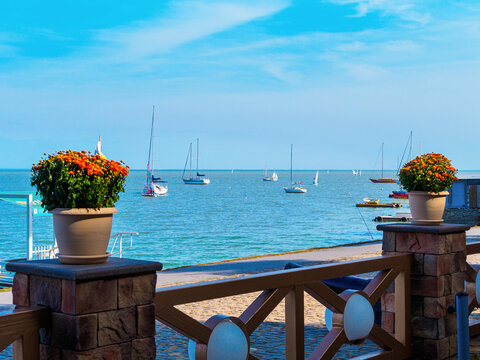 Taganrog, Russia - October 3, 2020: View of the Sea of Azov and sailing boats