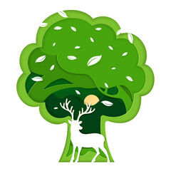 Vector illustration of ecology and save the world concept, Forest and deer wildlife with nature paper art style.