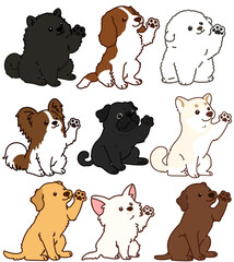 Fototapeta premium Set of outlined adorable dogs sitting and waving hand