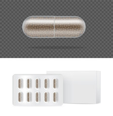 Mock up Realistic Transparent Pill Medicine Capsule Panel with box on White Background Vector Illustration. Tablets Medical and Health Concept.