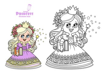 Cute princess with book in hand and a magic wand  outlined and color for coloring book © Azuzl