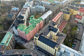 Drone view of colorful buildings and streets in Helsinki, Finland