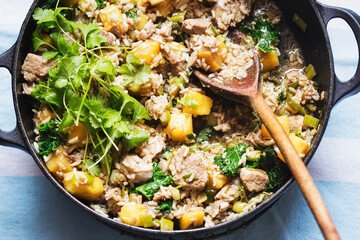 Pork spring onion, pineapple stir fry with coriander 