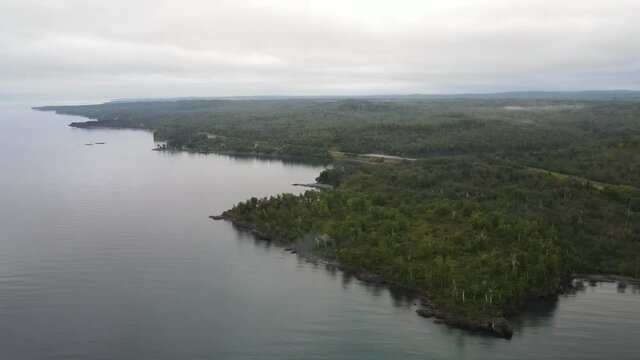 beautiful landscape aerial view of north shore minnesota during summer time on a cloudy afternoon