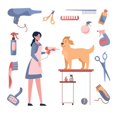 The woman dries the dog with a hairdryer. Dog grooming. Vector illustration isolated on white background. Cartoon style. Around care products, shampoos, nippers, combs, scissors, hair clipper.
