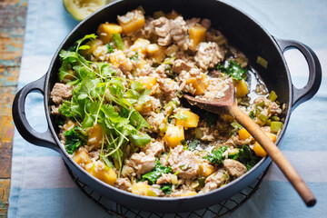 Pork spring onion, pineapple stir fry with coriander 
