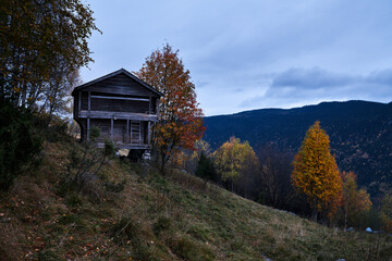 Old traditional norwegian house in the nature. 
