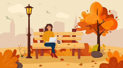 A girl sits on a bench in an autumn park and works at a laptop. Trend colors. Vector illustration in cartoon flat style.