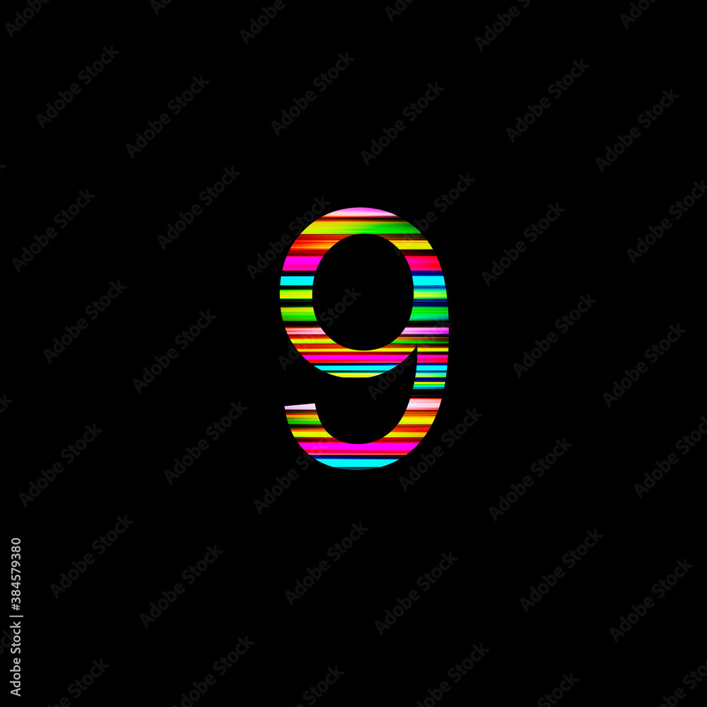 Wall mural rainbow number 9 illustration on isolated black background. abstract alphabet symbol for banner , fl