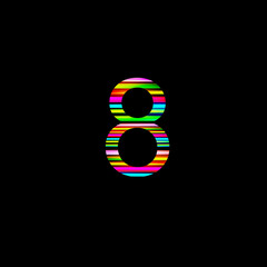 Rainbow number 8 illustration on isolated black background. Abstract alphabet symbol for banner , flyer or cover. Stock illustration.