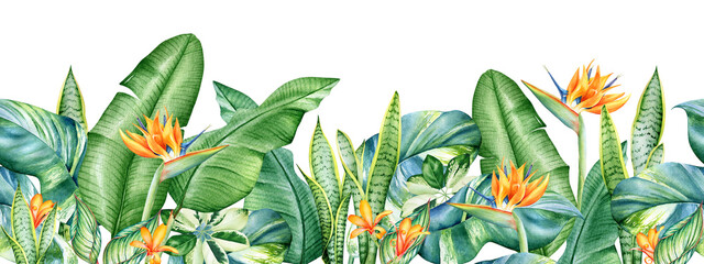 Seamless pattern with watercolor tropical plants and orange flowers - obrazy, fototapety, plakaty