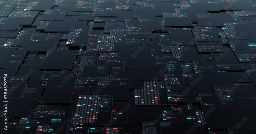 Poster Programming code abstract technology background. Motion graphic 4K seamless loop of flying into digital technologic matrix. 3D render