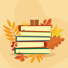 Stack of books with autumn leaves on a white background. Website page, mobile app design or poster. Vector illustration in flat design