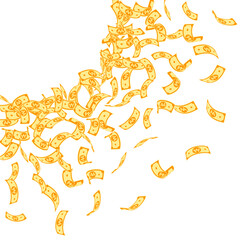 Korean won notes falling. Small WON bills on white