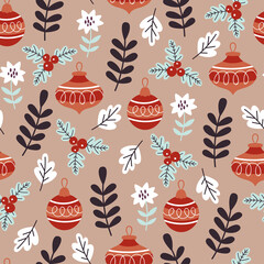 Seamless pattern for Christmas holiday with ornament, flower and pine tree branches. Childish background for fabric, wrapping paper, textile, wallpaper and greeting cards. Vector Illustration