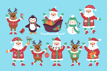Christmas holiday cute Santa Claus, snowman, penguin and reindeer character set. Childish print for cards, stickers, apparel and decoration. Vector Illustration