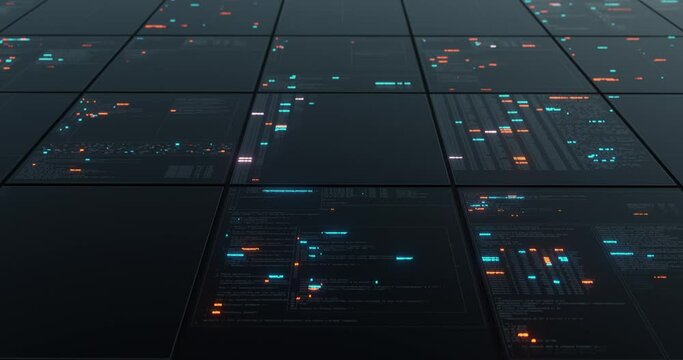 Futuristic hi-tech user interface multi display with digital code and data infograph, telemetry information motion graphic. 3D render, 4K seamless loop.