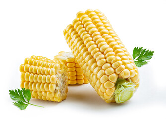 natural sweetcorn  with parsley isolated white background