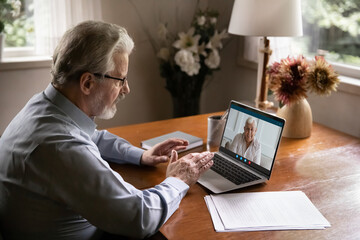 Elderly male friends speak talk on video call on laptop, engaged in pleasant web digital...