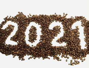 Coffee beans on a white background with the date of 2021