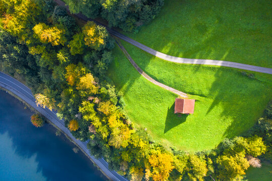 Autumn forest by the lake. Road and roof of the house. Aerial view.