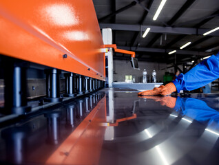 The technician operator use hydraulic bending machine