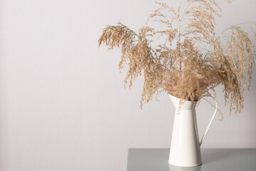 natural pampas grass in metal jug on coffee table. Stylish modern flower arrangement. space for text