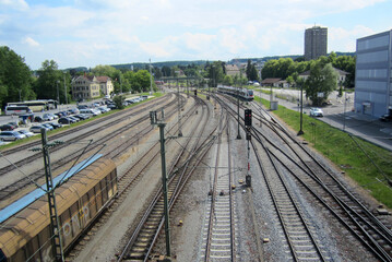 Branch of railway tracks. Railway junction. Running trains at the railway station