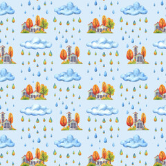 City on a cloud with rain. Autumn seamless pattern with houses and falling trees on a blue background. Decorative print for fabrics, textiles, and paper. Stock image with children's illustrations.