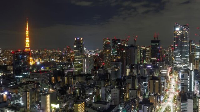 Time Lapse of the densely packed Tokyo Japan skyline shot at night