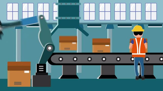 4K animation of a person closing the boxes after a machine has placed a product on them. Boxes move through an assembly line.