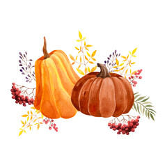 two watercolor pumpkins with autumn leaves, berries and branches isolated on white