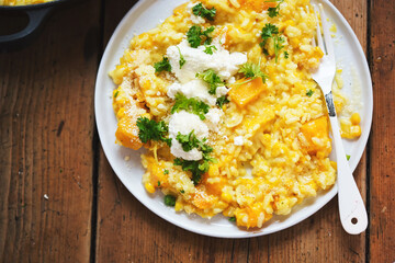 Pumpkin and sweet corn risotto with ricotta, parmesan and parsley