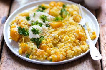 Pumpkin and sweet corn risotto with ricotta, parmesan and parsley
