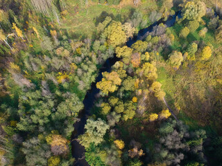 Naklejka na ściany i meble Aerial drone view of autumn forest and small river