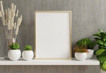 Home interior poster mock up with vertical metal frame with ornamental plants in pots on empty concrete wall background.