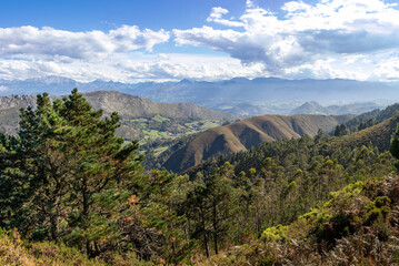 Fototapeta na wymiar Views of Picos de Europa mountains from Fitu viewpoint (Mirador del Fitu). Several lines of hills, colorful ranges. Forest with native trees. Asturias, Spain
