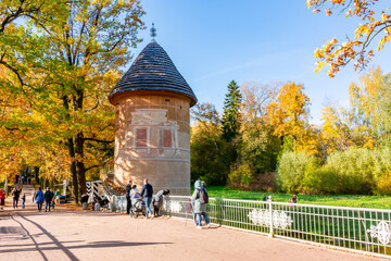 Fototapeta na wymiar Pil tower in Pavlovsky park in autumn, Saint Petersburg, Russia