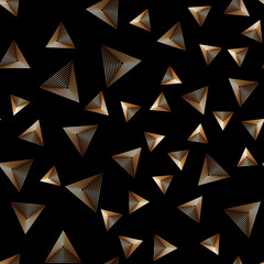 Seamless vector geometric pattern. Gold stylized triangles on a black background.